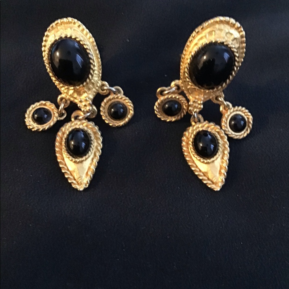 Clip Back Egyptian Style Gold and Jet Earrings